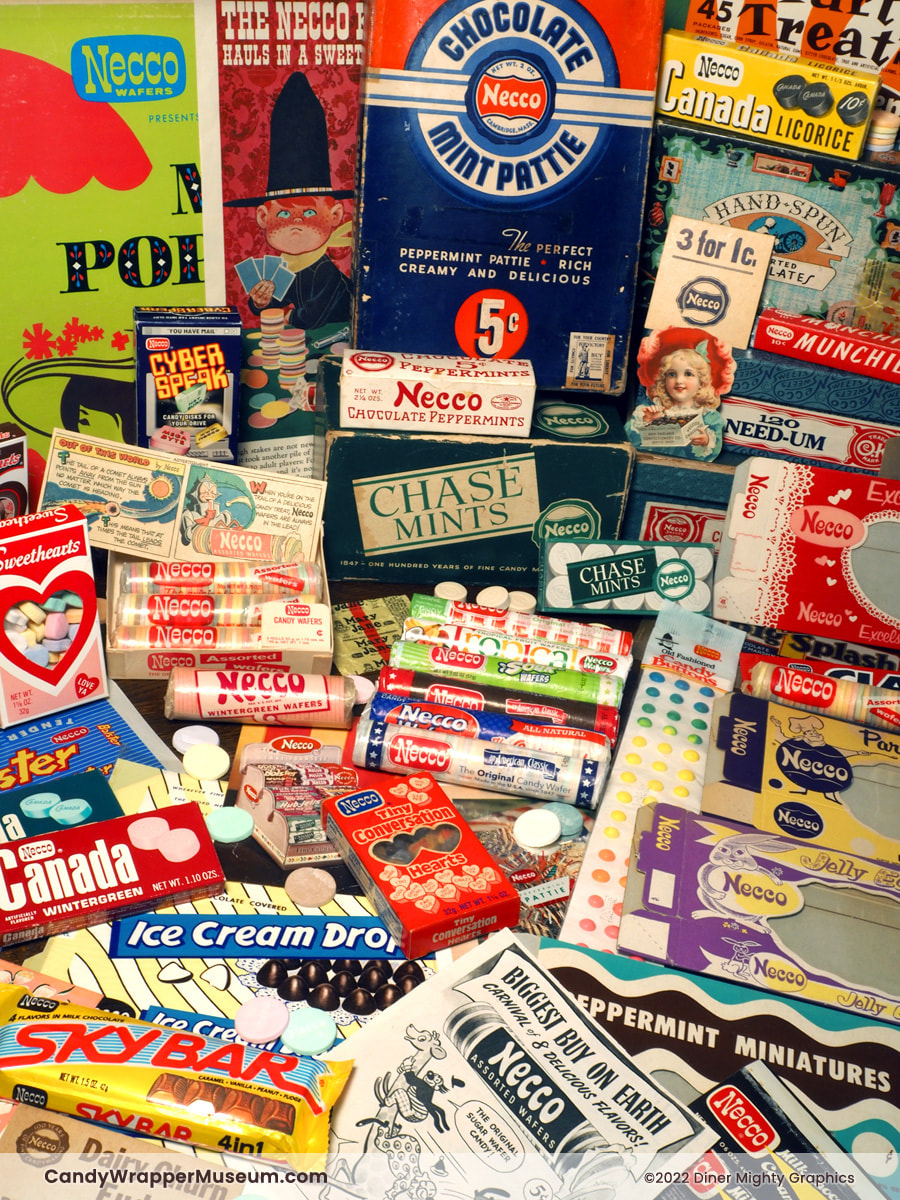 A display of vintage Necco candy products from the book “Necco: An Epic Candy Tale